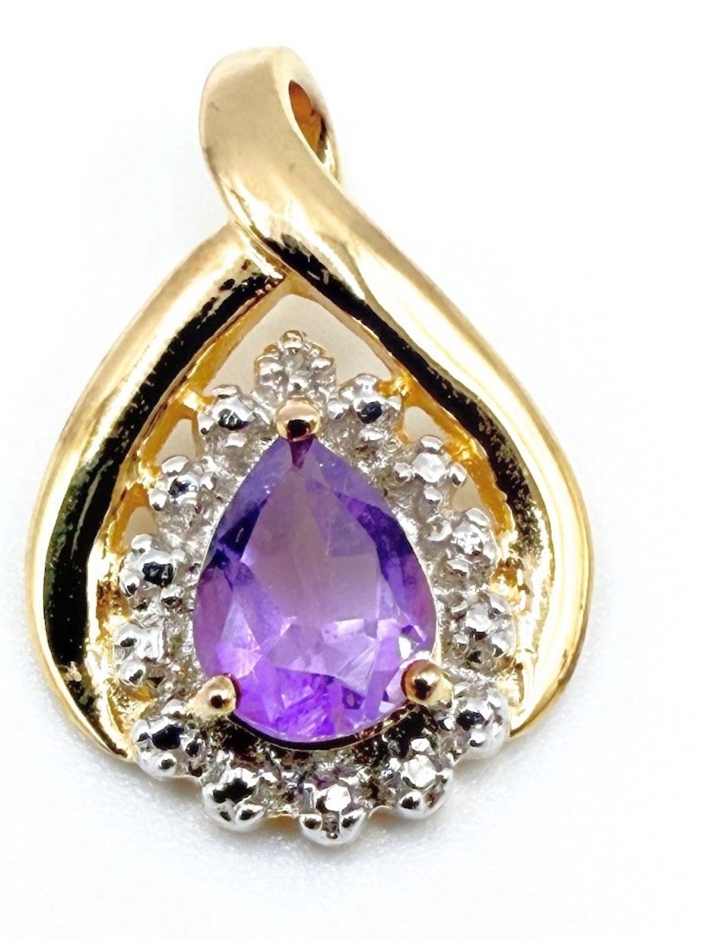 Gold Teardrop Pendant with Amethyst and Clear Halo over Sterling Silver